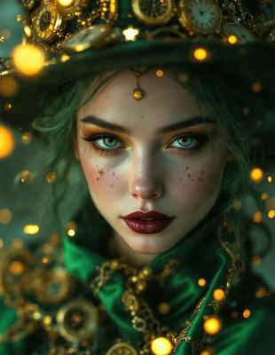 The primary subject of the image is a woman with green hair, wearing a green hat and a green dress. She is wearing makeup, including red lips, and has a green necklace. The setting is a dark room with a green background, and the visual style is a digital art or illustration. The colors and mood of the image are predominantly green, creating a unique and enchanting atmosphere.